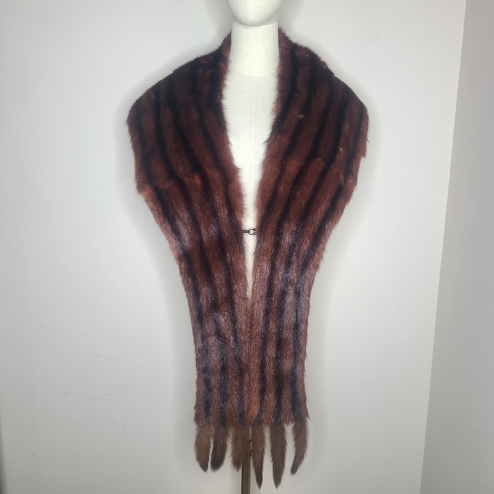Vintage Genuine Mink Fur Stole Scarf Wrap Brown Striped Glamorous Old Hollywood